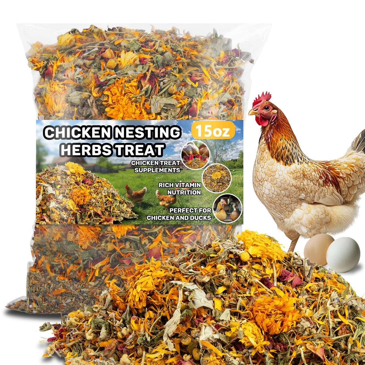 MAQIHAN chicken nesting herbs 15oz pack shown in coop for natural daily treats