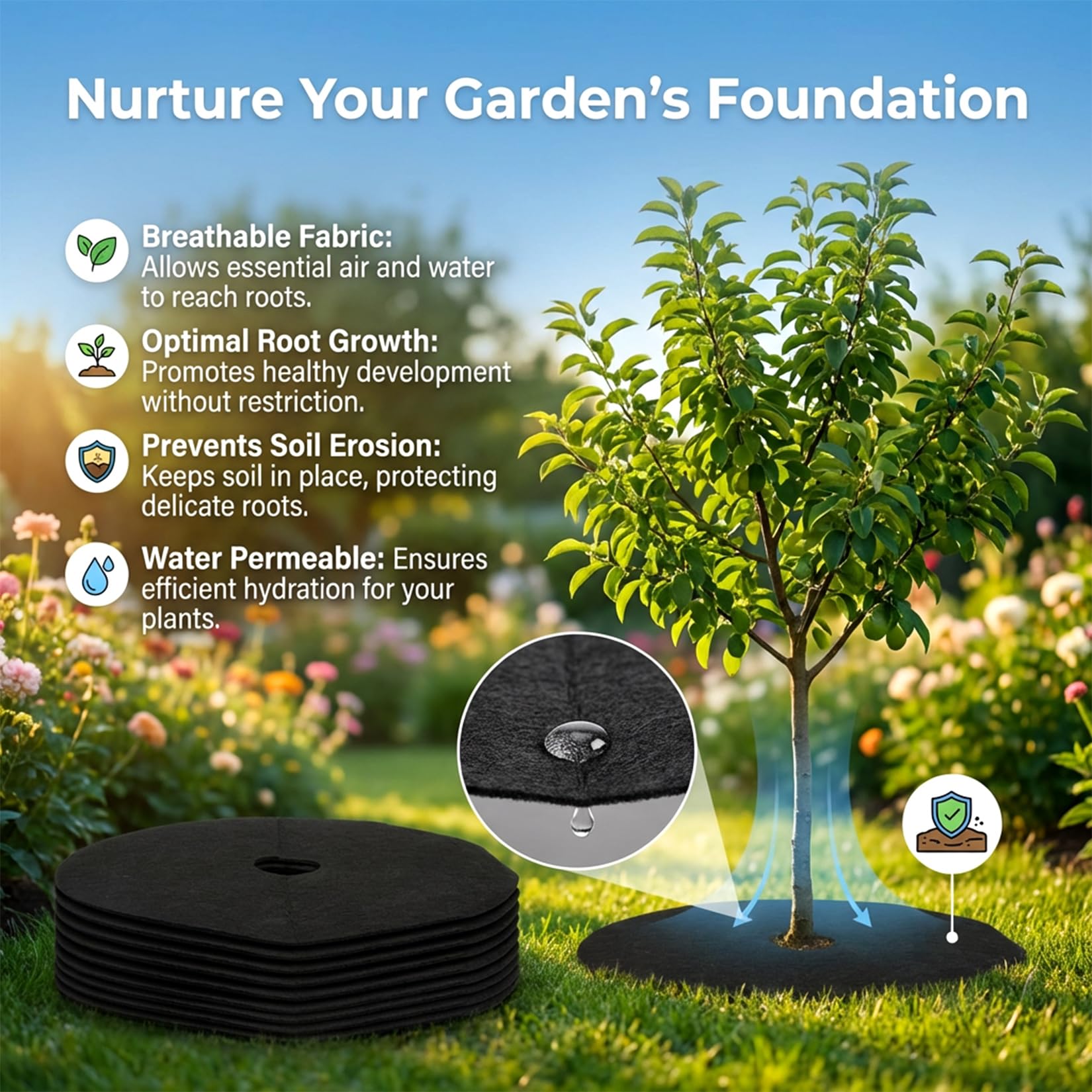 MAQIHAN tree ring mulch mat showing 12.59-inch diameter for larger tree coverage.
