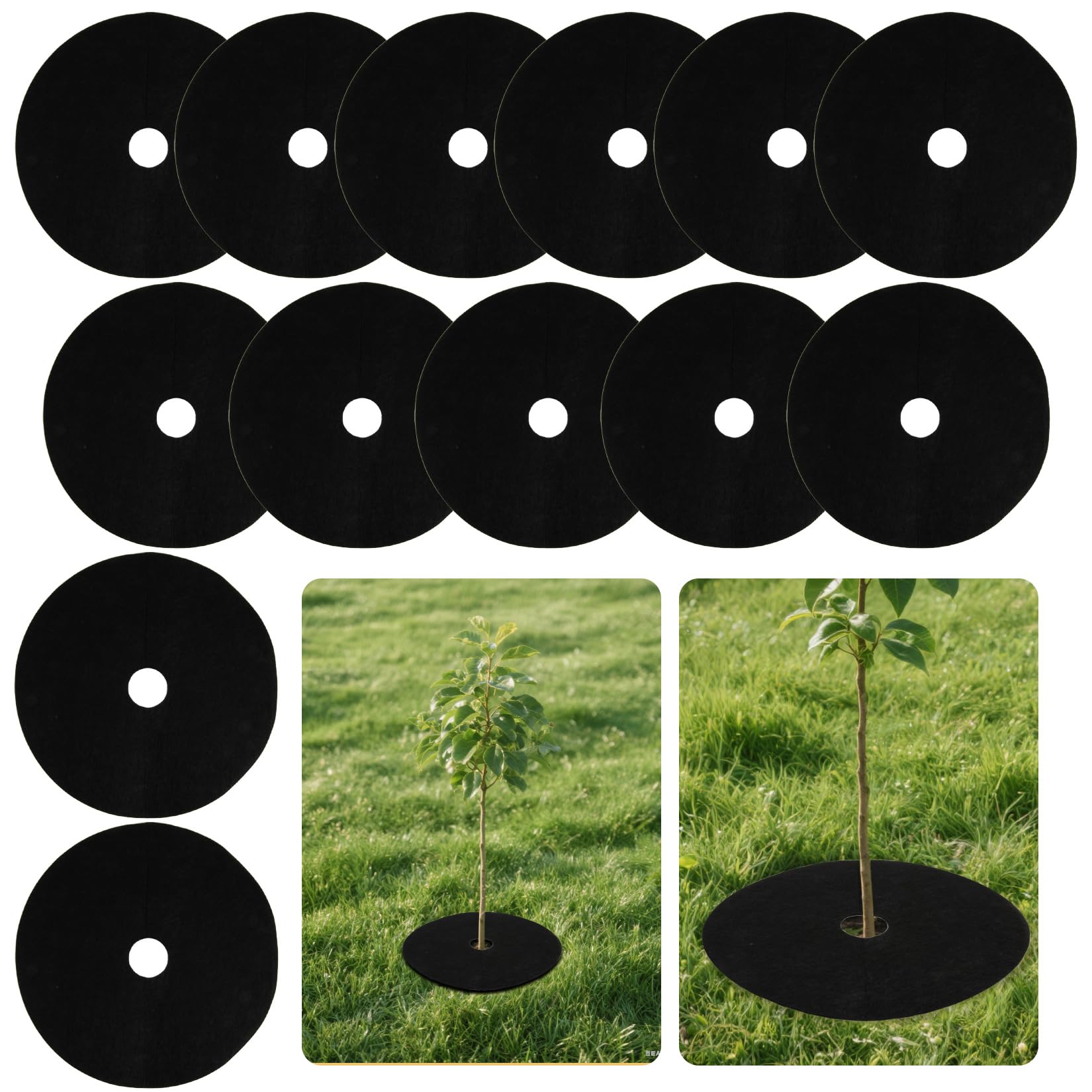 MAQIHAN 13-pcs tree ring mulch mat set protecting multiple trees in a garden.