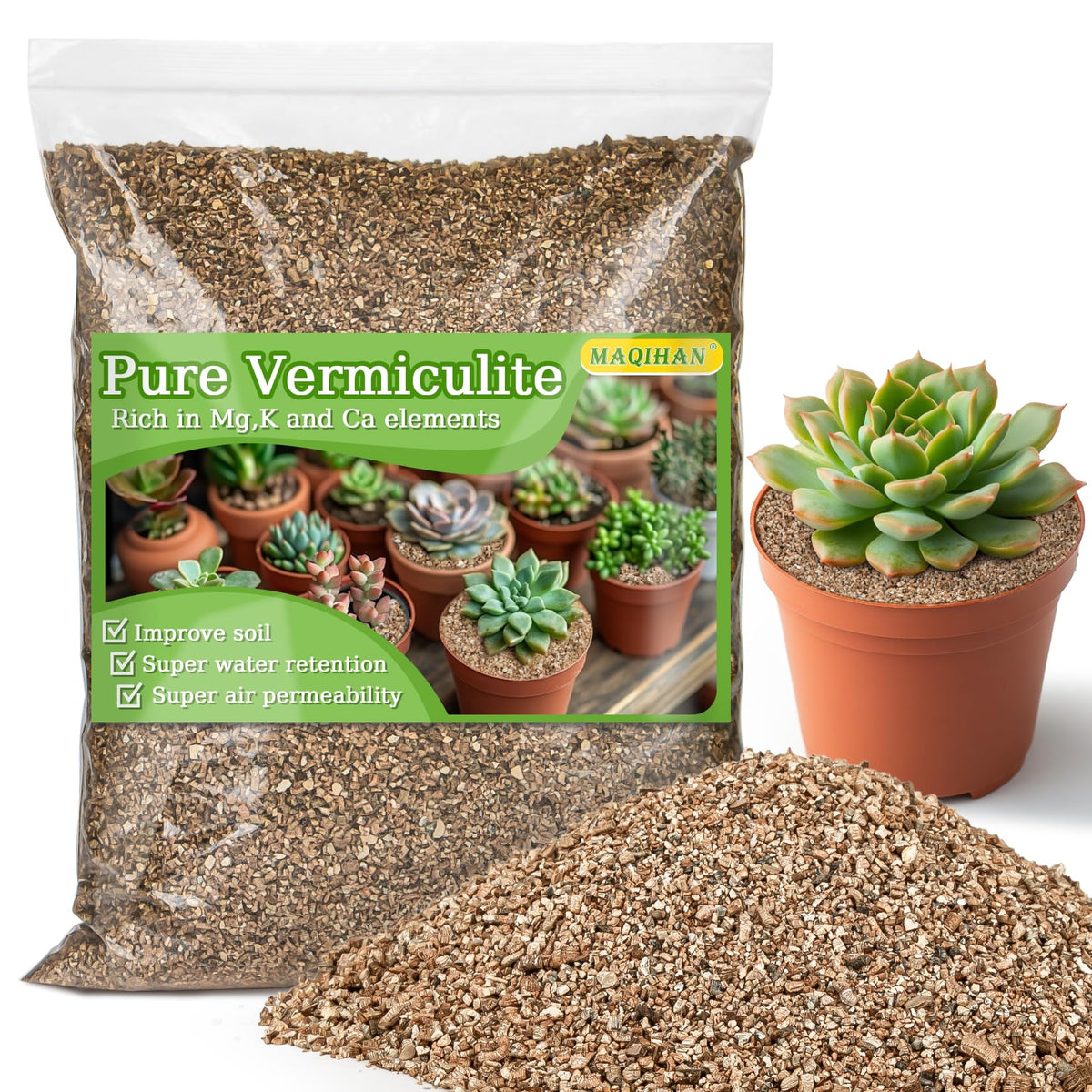 MAQIHAN Vermiculite in a 14 oz bag showing moisture management benefits for potting mixes