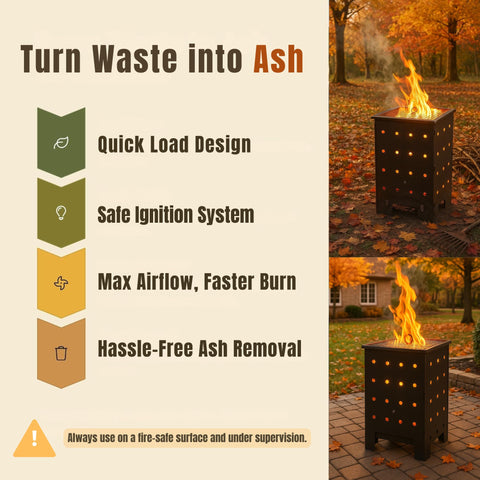 Marabuut Burn Barrel mesh lid contains embers for safer use.