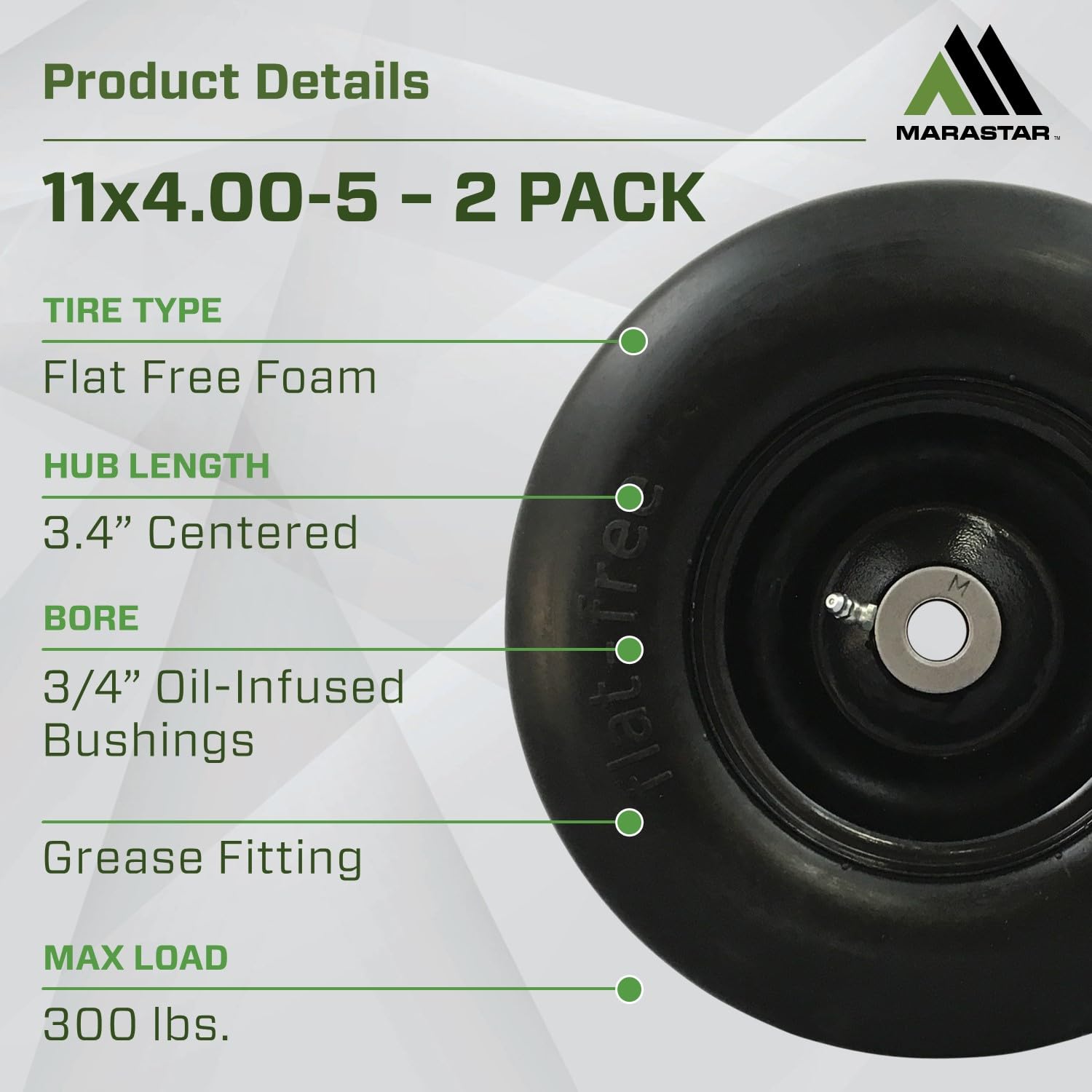 MARASTAR 00232-2PK flat-free tire wheel side view, quick mower upgrade