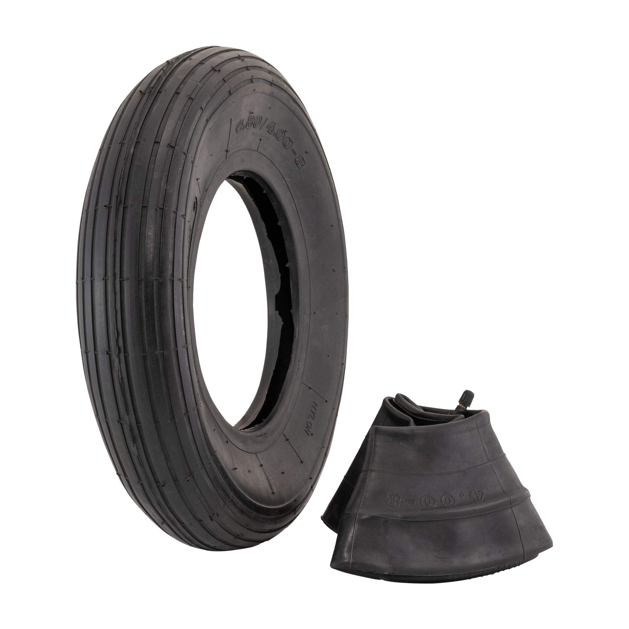 Marathon 4.80/4.00-8 tire with ribbed tread side view for garden carts and easy installation.