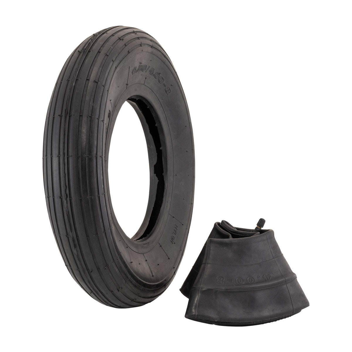 Marathon 4.80/4.00-8 tire with ribbed tread side view for garden carts and easy installation.