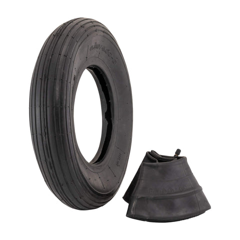 Marathon 4.80/4.00-8 tire with ribbed tread side view for garden carts and easy installation.