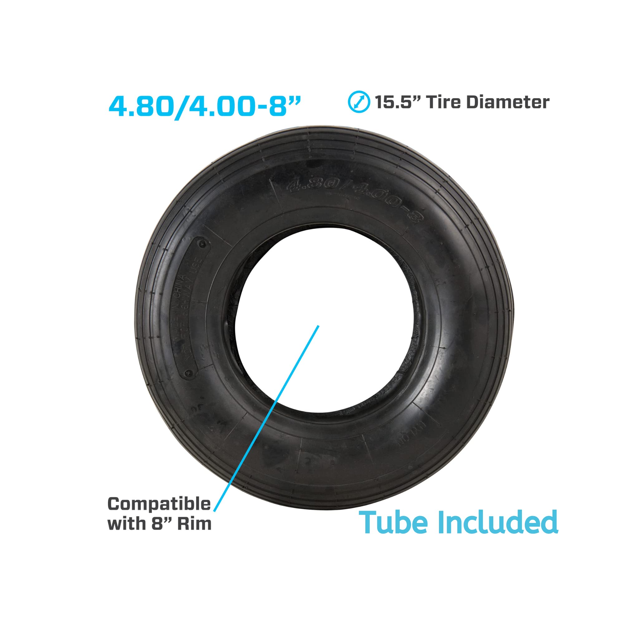 Marathon tire inflated with ribbed tread, ideal for lawn and garden tasks.