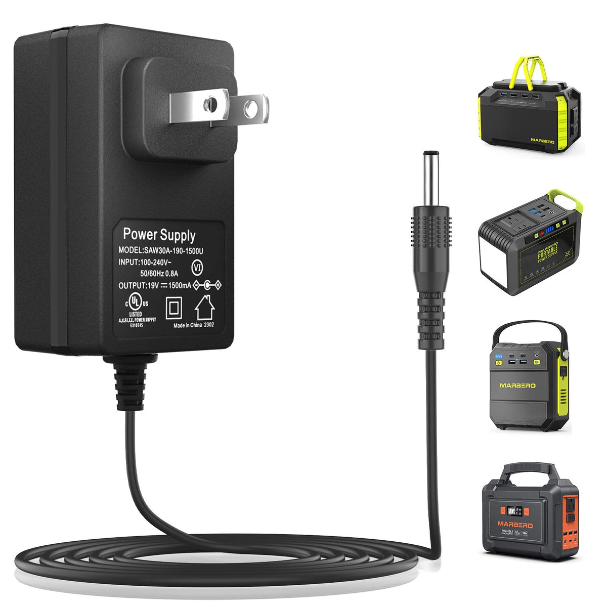 MARBERO 19V adapter front view highlights slim design for easy plug access