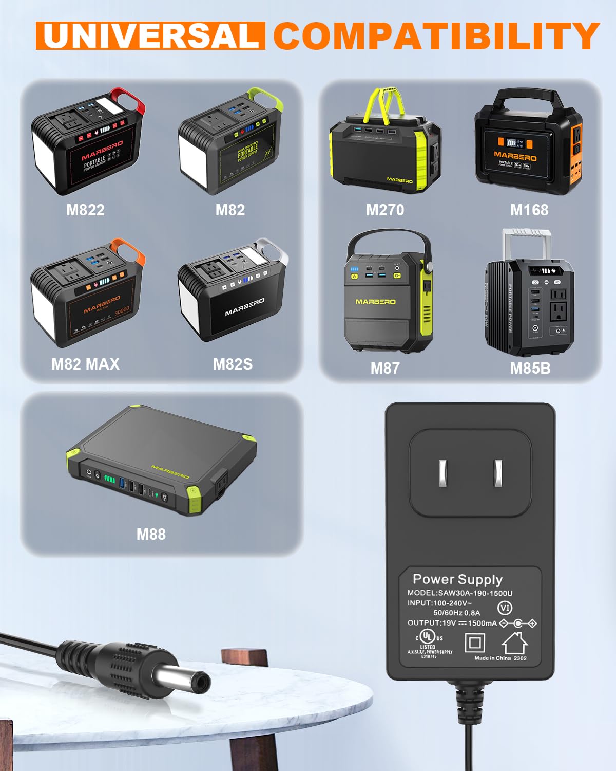 MARBERO 19V adapter side view shows compact profile for crowded outlets