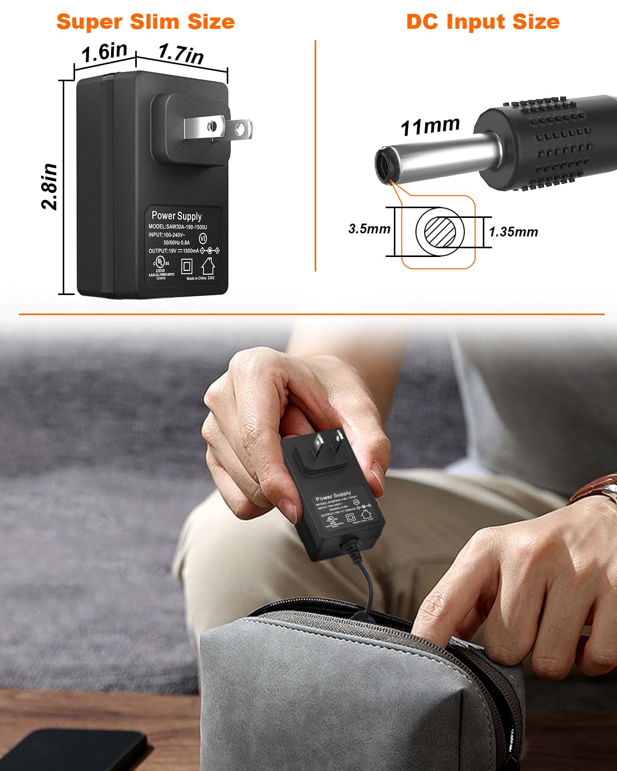 MARBERO 19V adapter top view displays a slim, travel-ready form