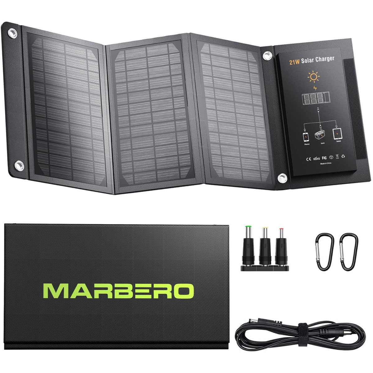 MARBERO 21W foldable solar panel folded for ultra-portable camping power.