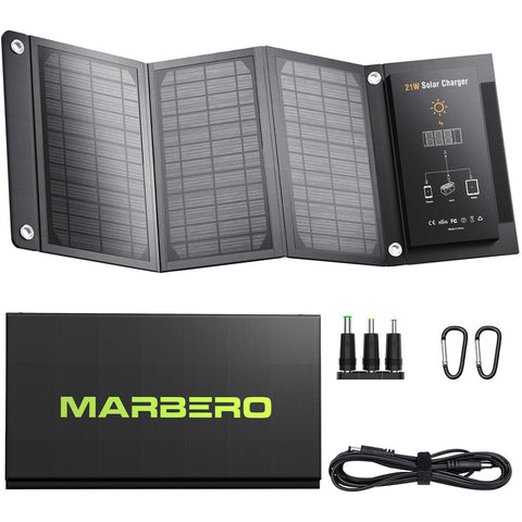 MARBERO 21W foldable solar panel folded for ultra-portable camping power.