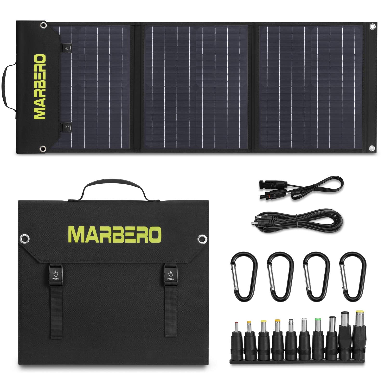 MARBERO 60W foldable panel folded for easy transport on camping trips.