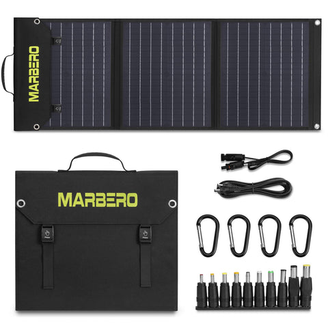 MARBERO 60W foldable panel folded for easy transport on camping trips.