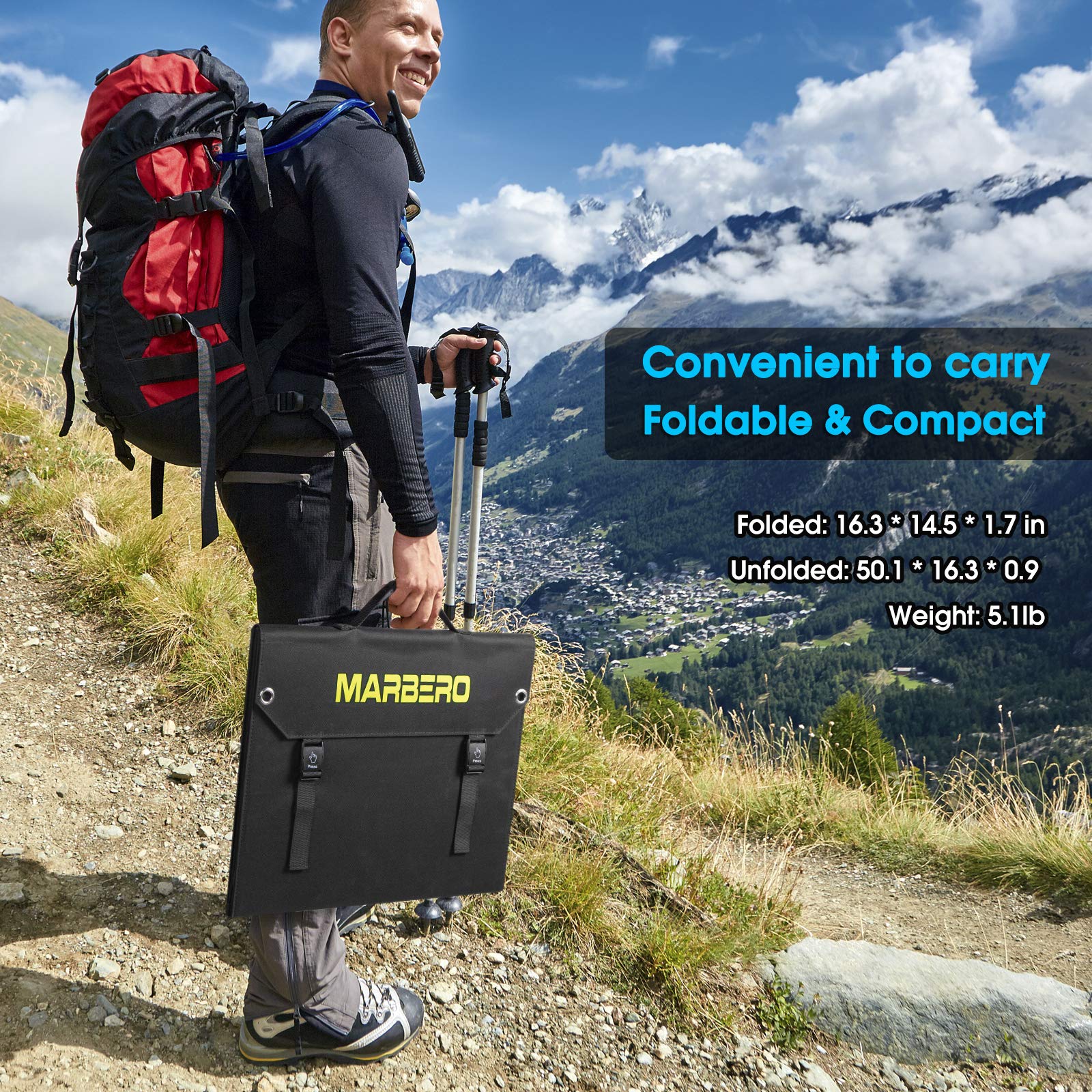 MARBERO 60W panel tilt-stand at 45–65 degrees boosts efficiency.