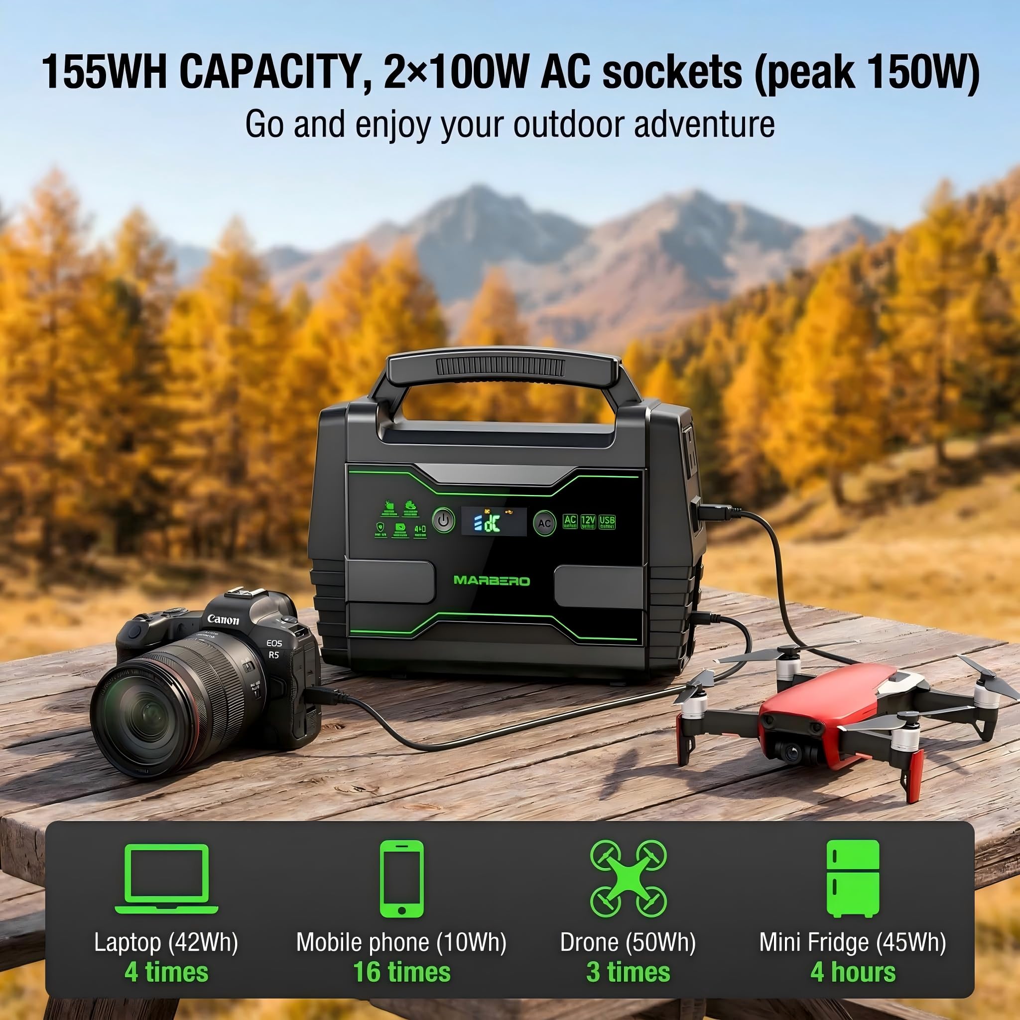MARBERO M155SL30 dual AC outlets powering multiple devices simultaneously