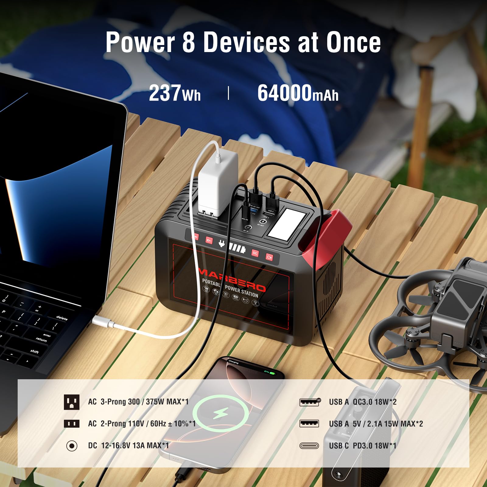 MARBERO portable power station outputs power to AC, USB, and DC devices.