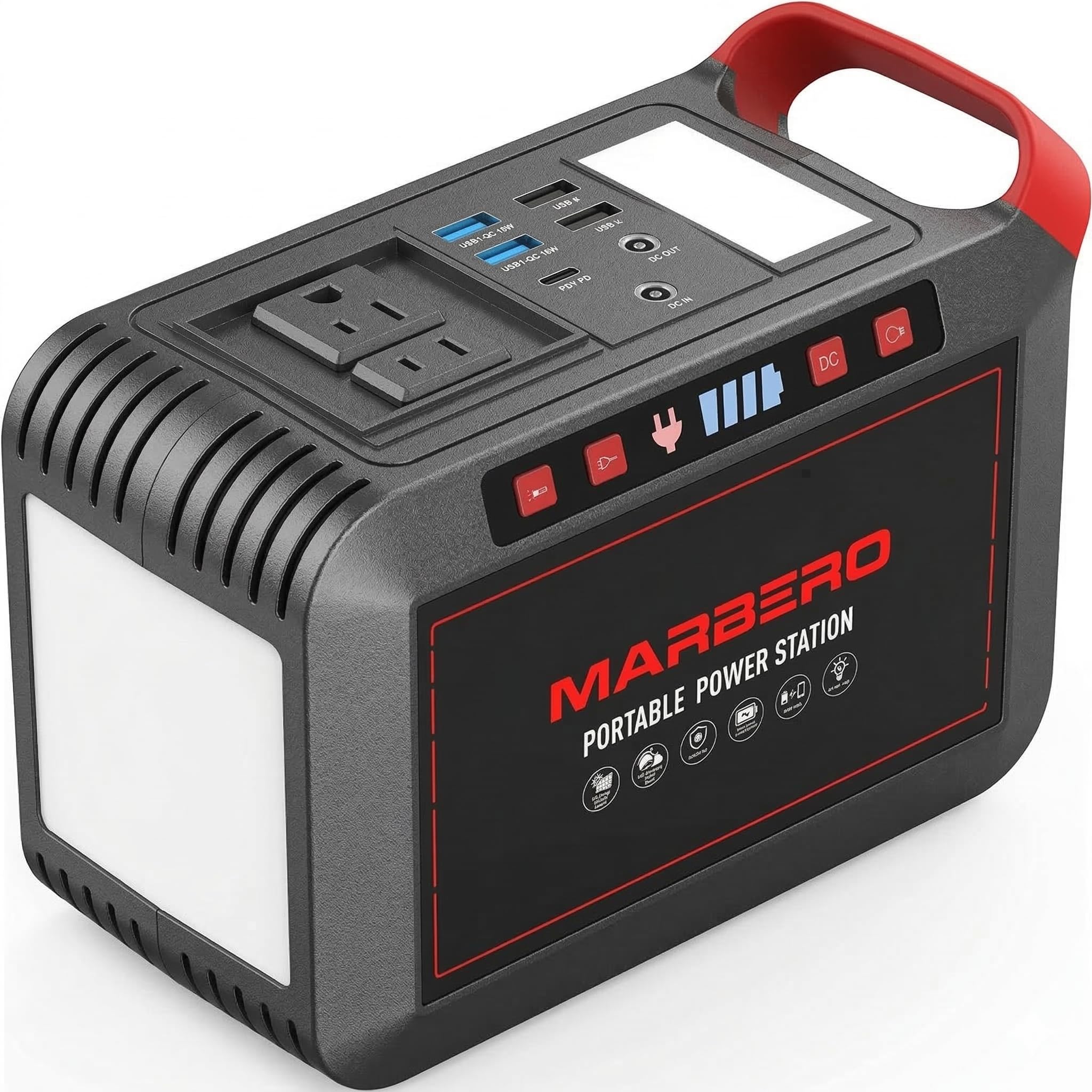 MARBERO M823 portable power station powers phones and cameras during outdoor adventures.
