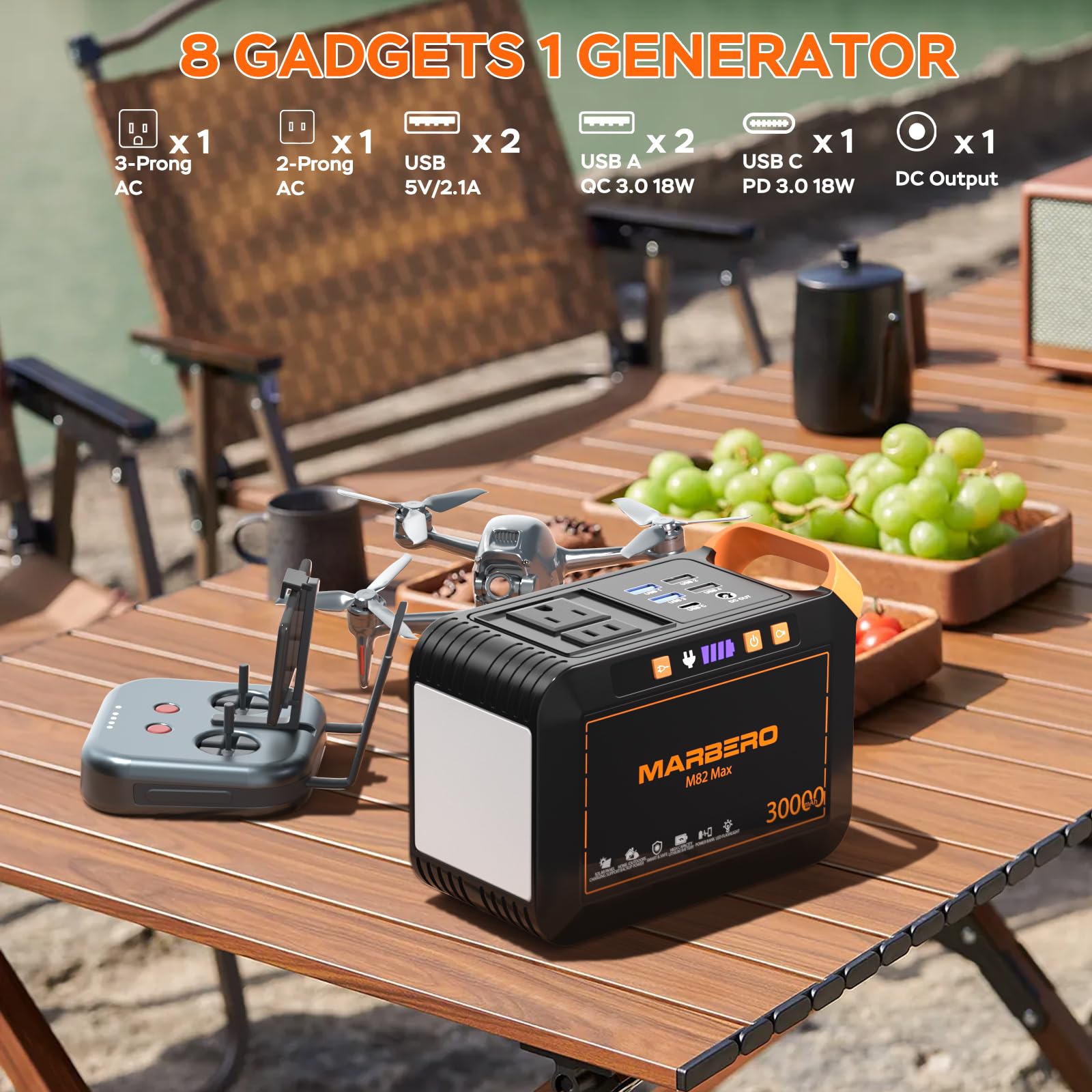 MARBERO M82MAX two 110V AC outlets power laptops and lights