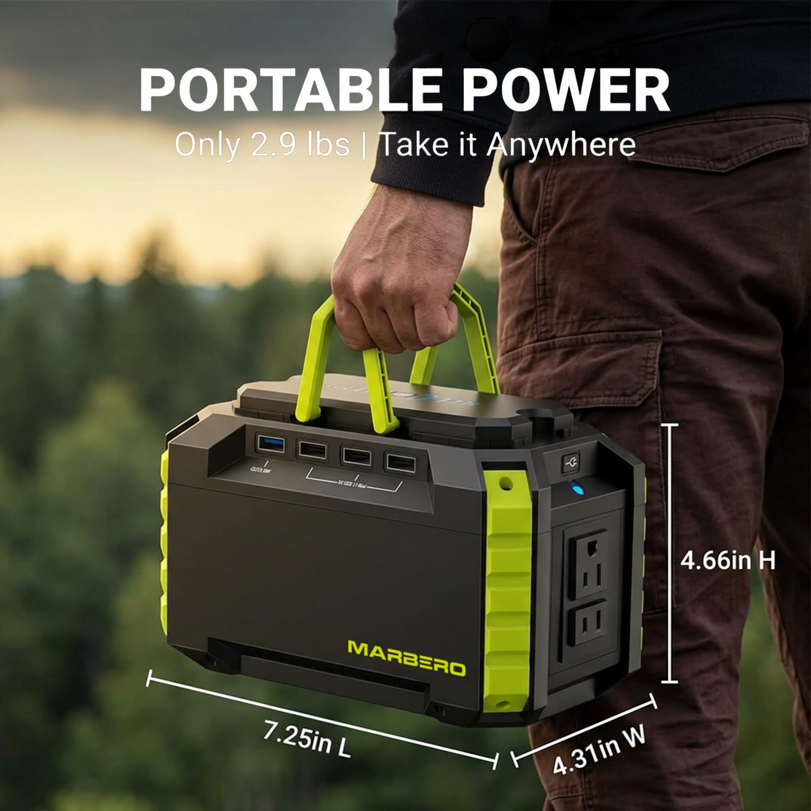 MARBERO 150Wh unit with USB ports and AC outlet for versatile charging.