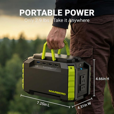MARBERO 150Wh unit with USB ports and AC outlet for versatile charging.