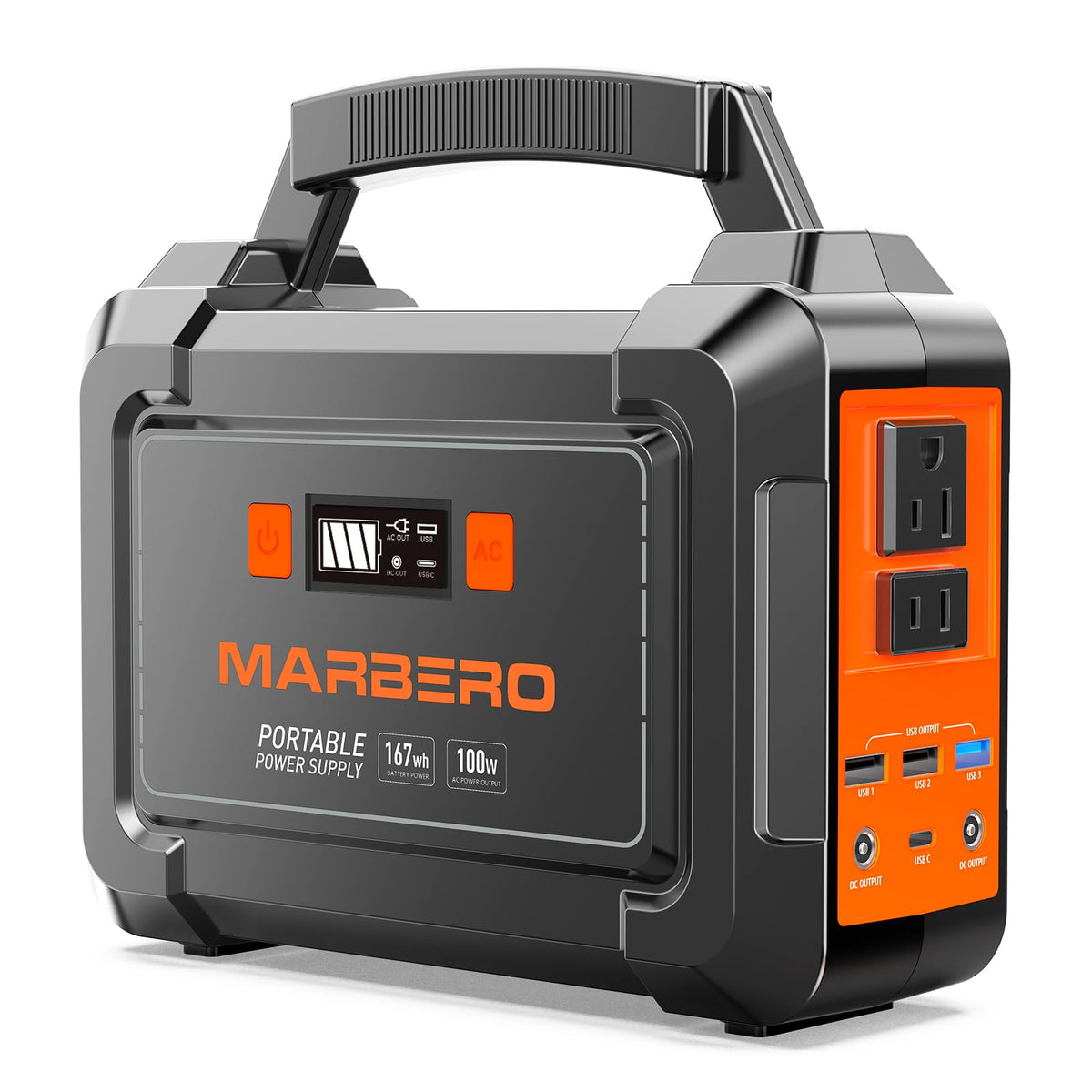 MARBERO portable power station with compact handle for easy carrying on camping trips