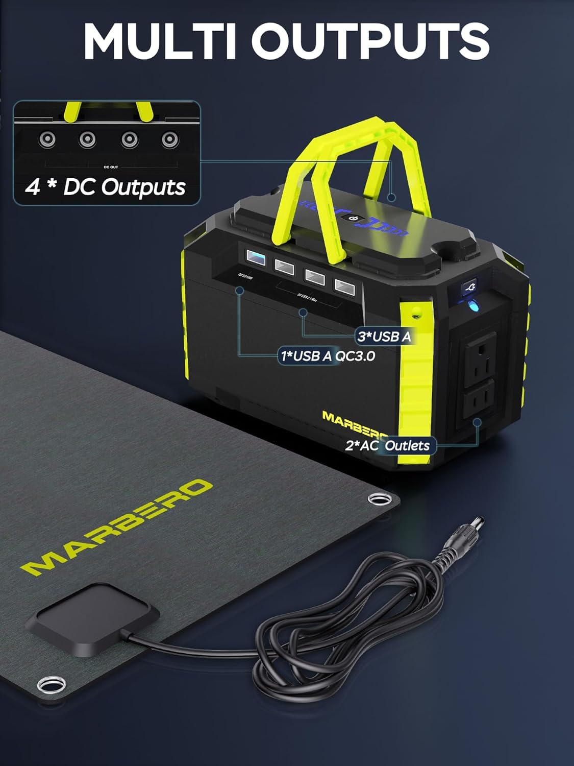 MARBERO portable power station ports powering multiple devices