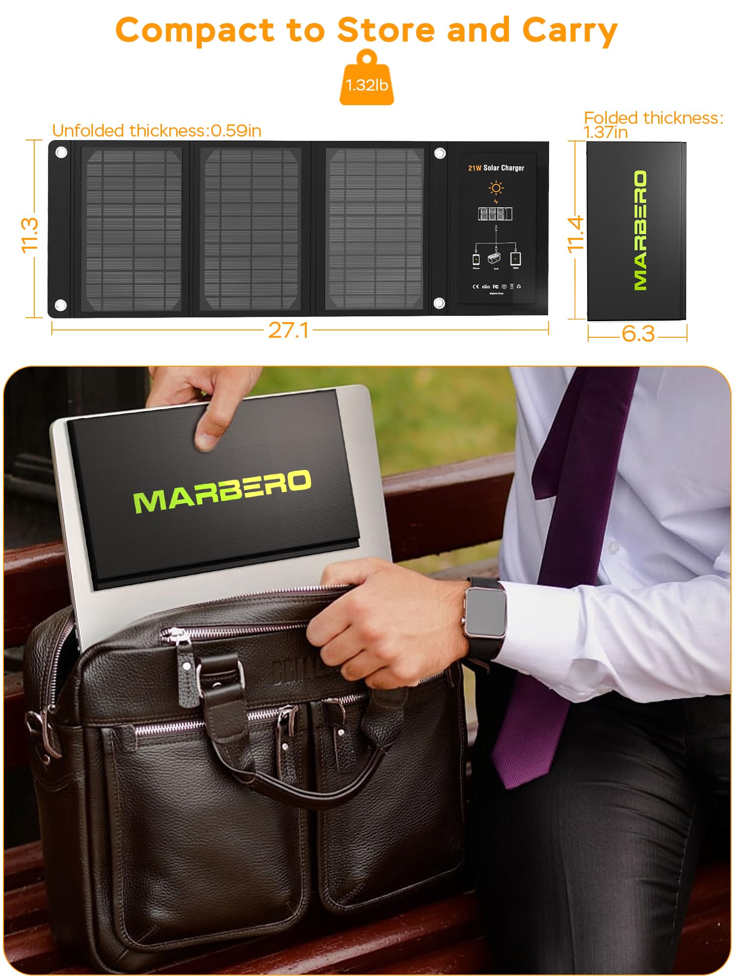 MARBERO 21W performs in sun and light clouds with steady output for devices.
