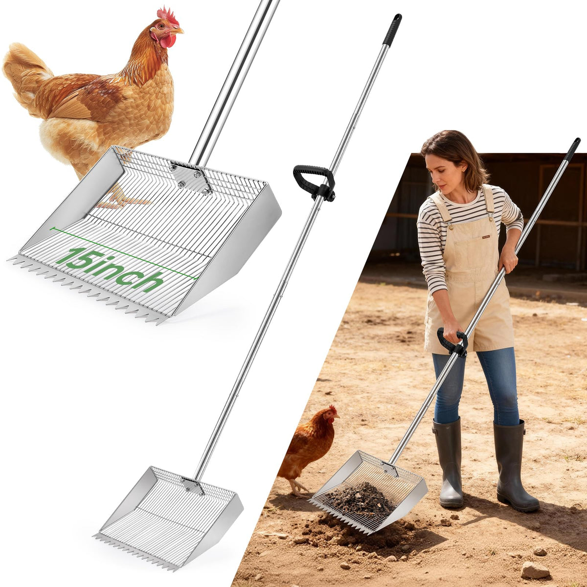 MarchingGreen chicken poop scooper rake 15in for efficient manure cleanup.