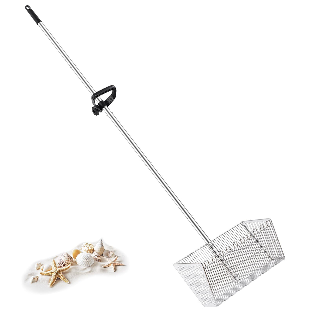 MarchingGreen sand flea rake with 70-inch handle for easy shell hunting.