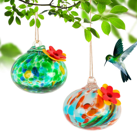 MARCHROSE two-piece blown glass hummingbird feeder offers outdoor viewing from windows.