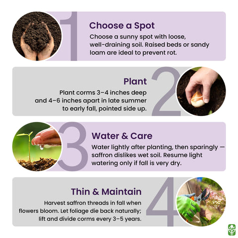 Marde Ross saffron crocus corms – plant at 3 inches deep in well-drained soil.