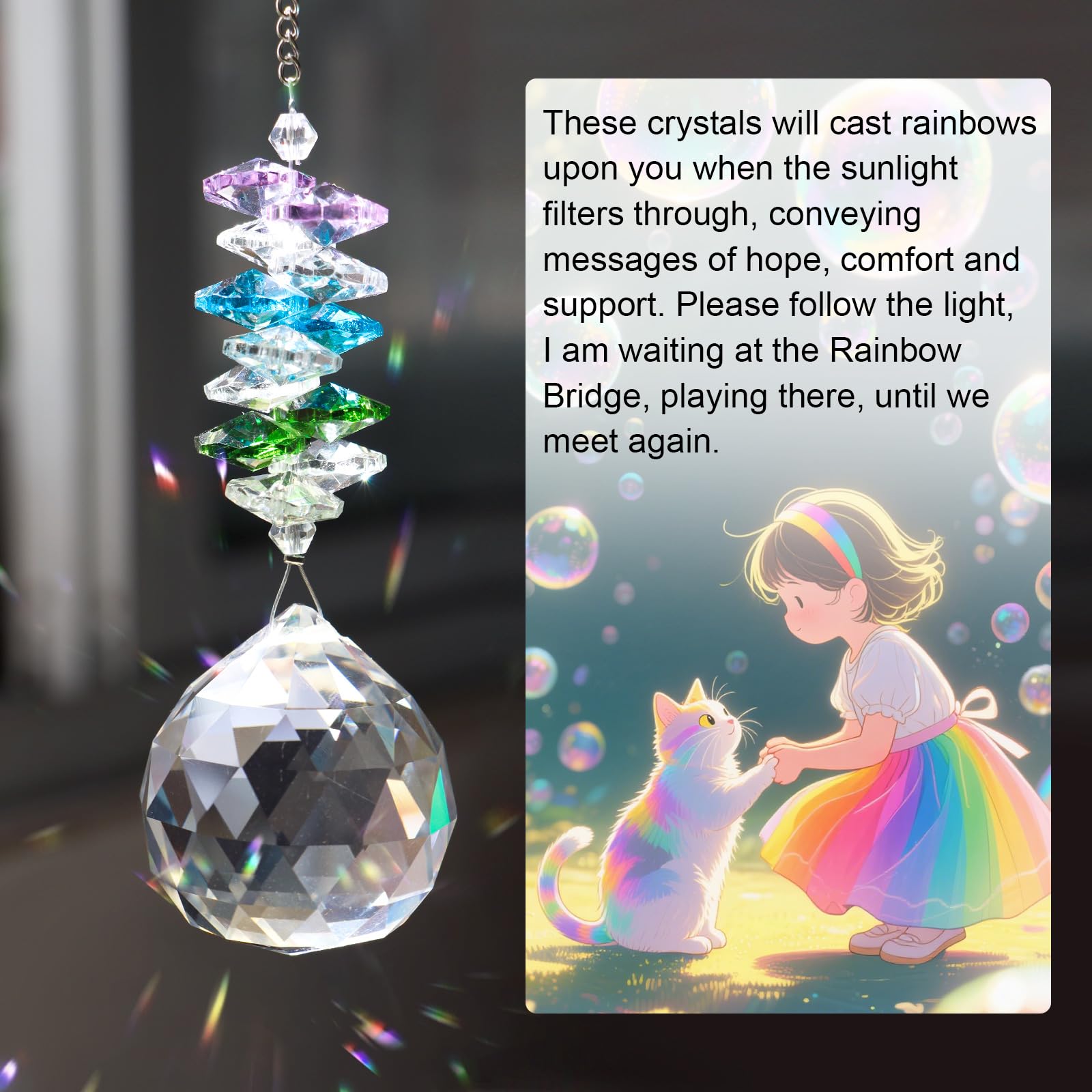 Mardili sun catcher crystal prism evokes rainbow bridge memories at home.