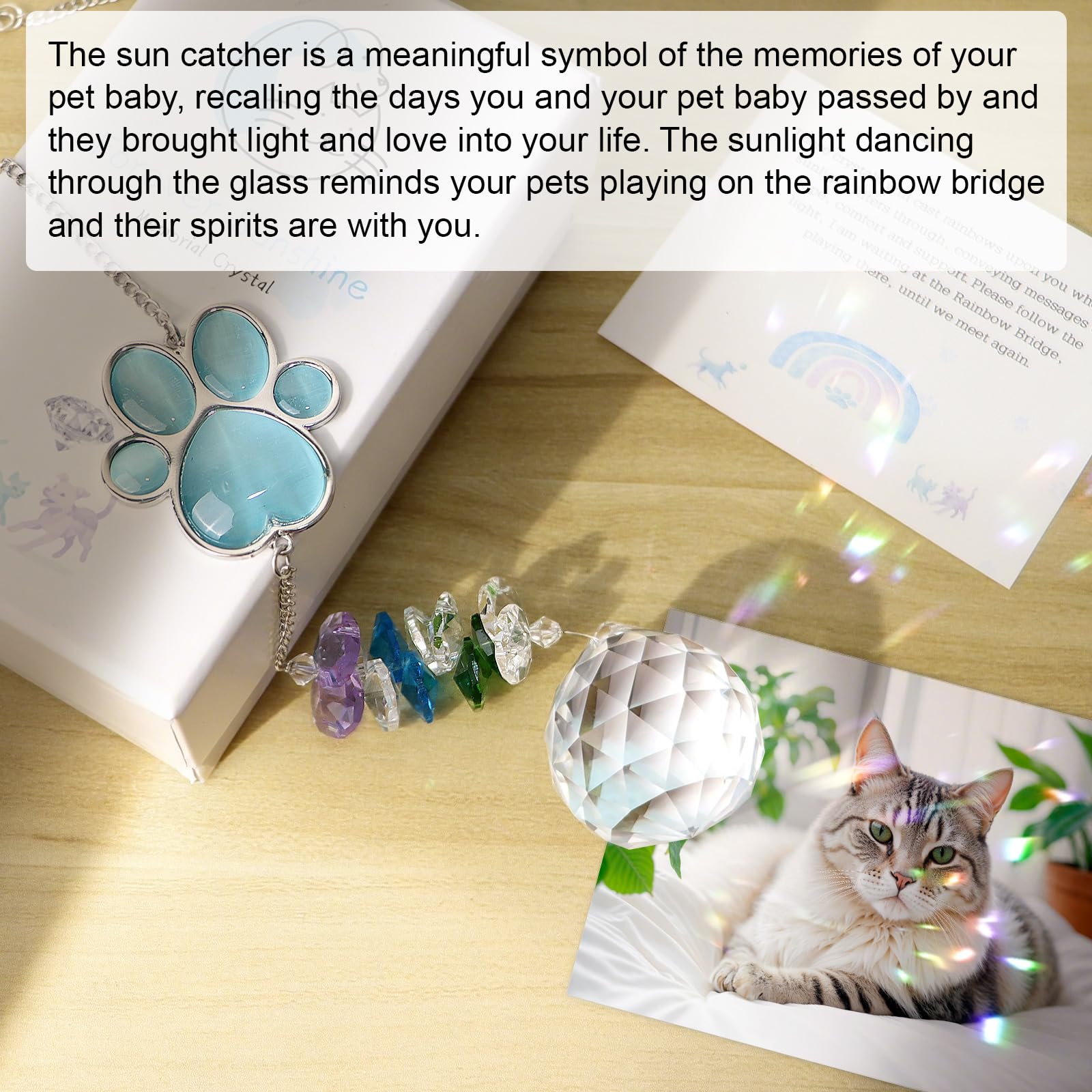 Gift-ready Mardili sun catcher, blue paw print accent, perfect remembrance gift.