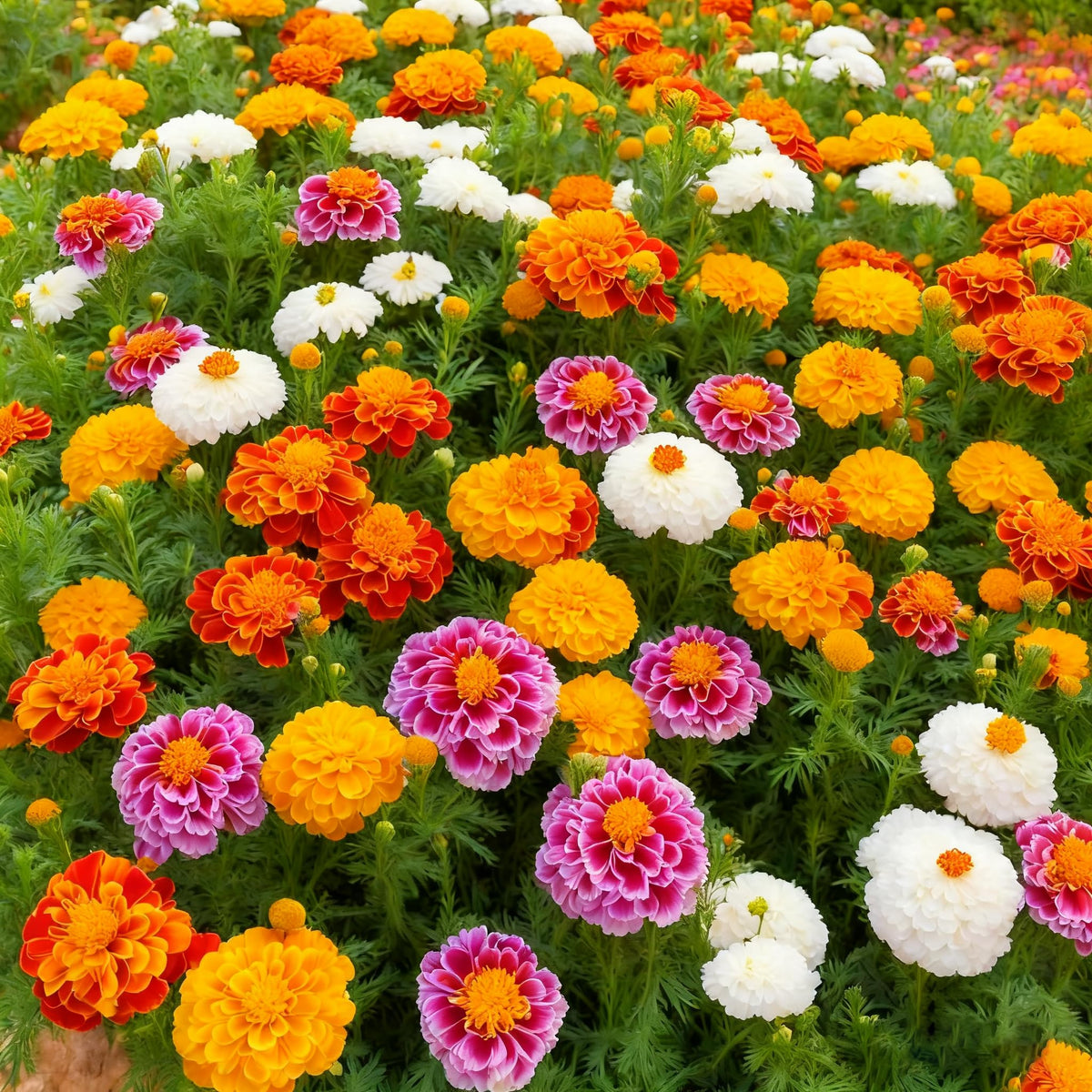 Marigold seeds forming dense flower clusters for borders and mass plantings.