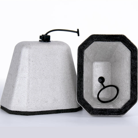 Marinexplore outdoor faucet cover shown with foam insulation protecting the spigot from freezing.