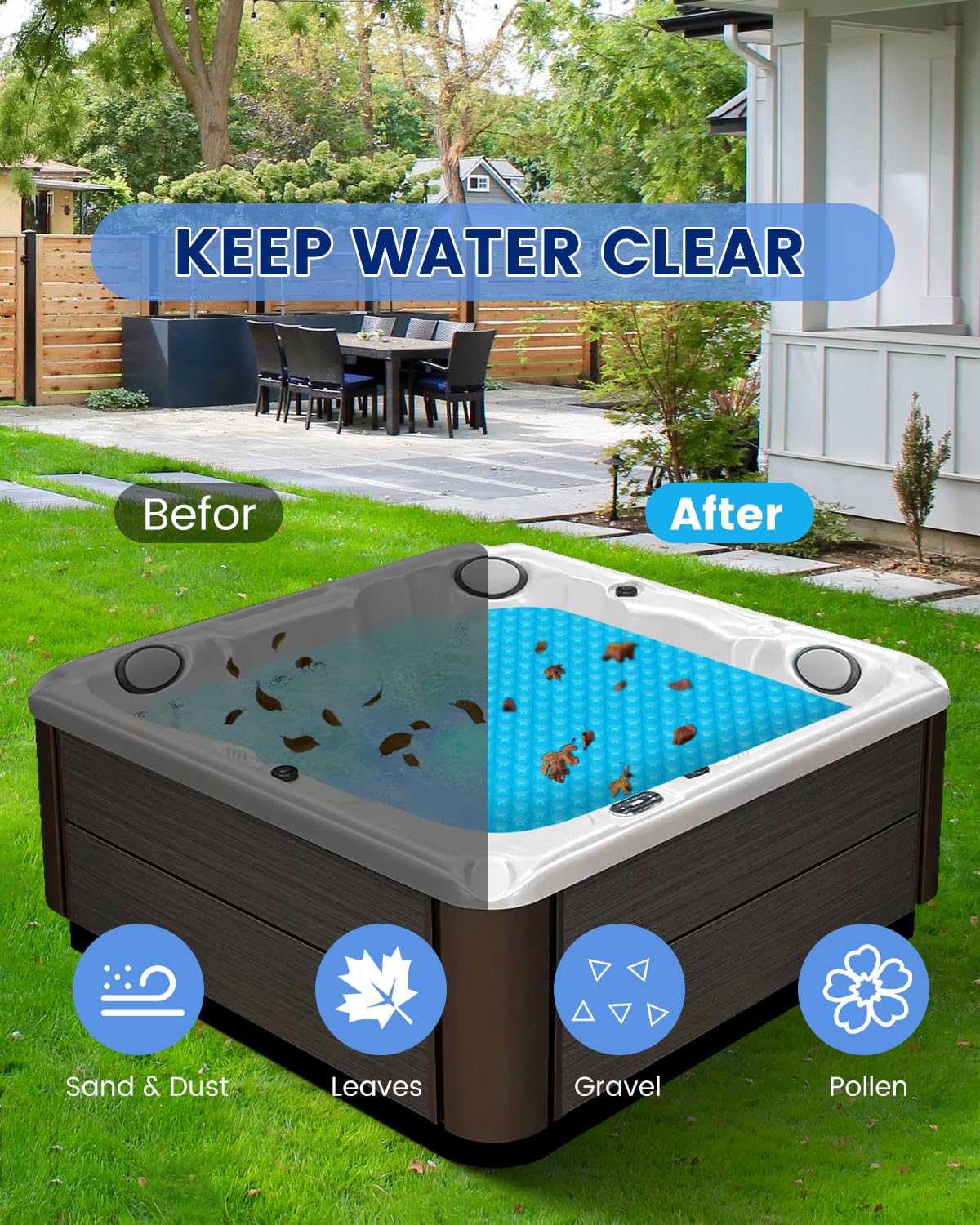 Mariocsa solar spa blanket on water enhances heat retention and efficiency.