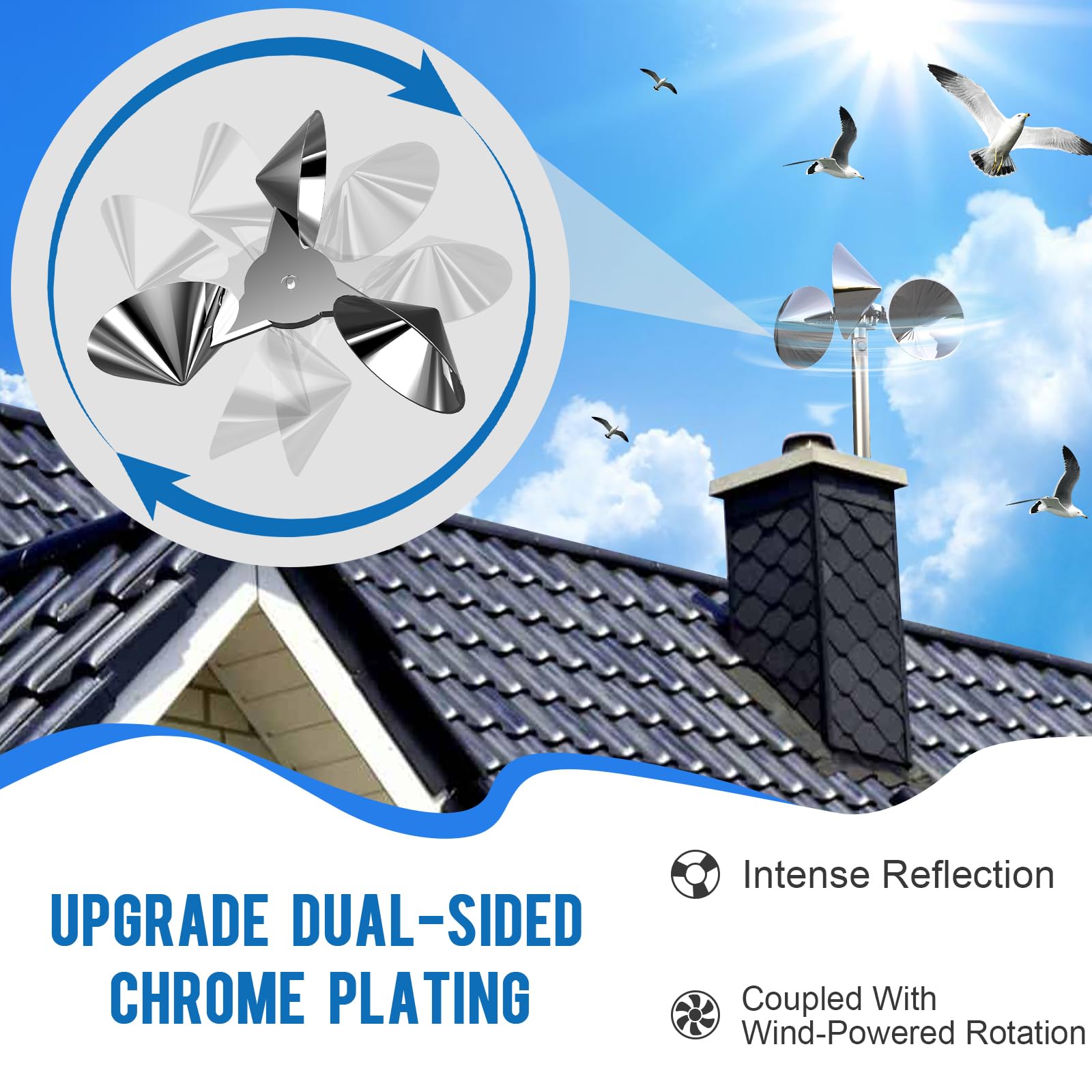 Marketty 2-pack bird reflectors with bright flashes deter perching on patios and gardens.