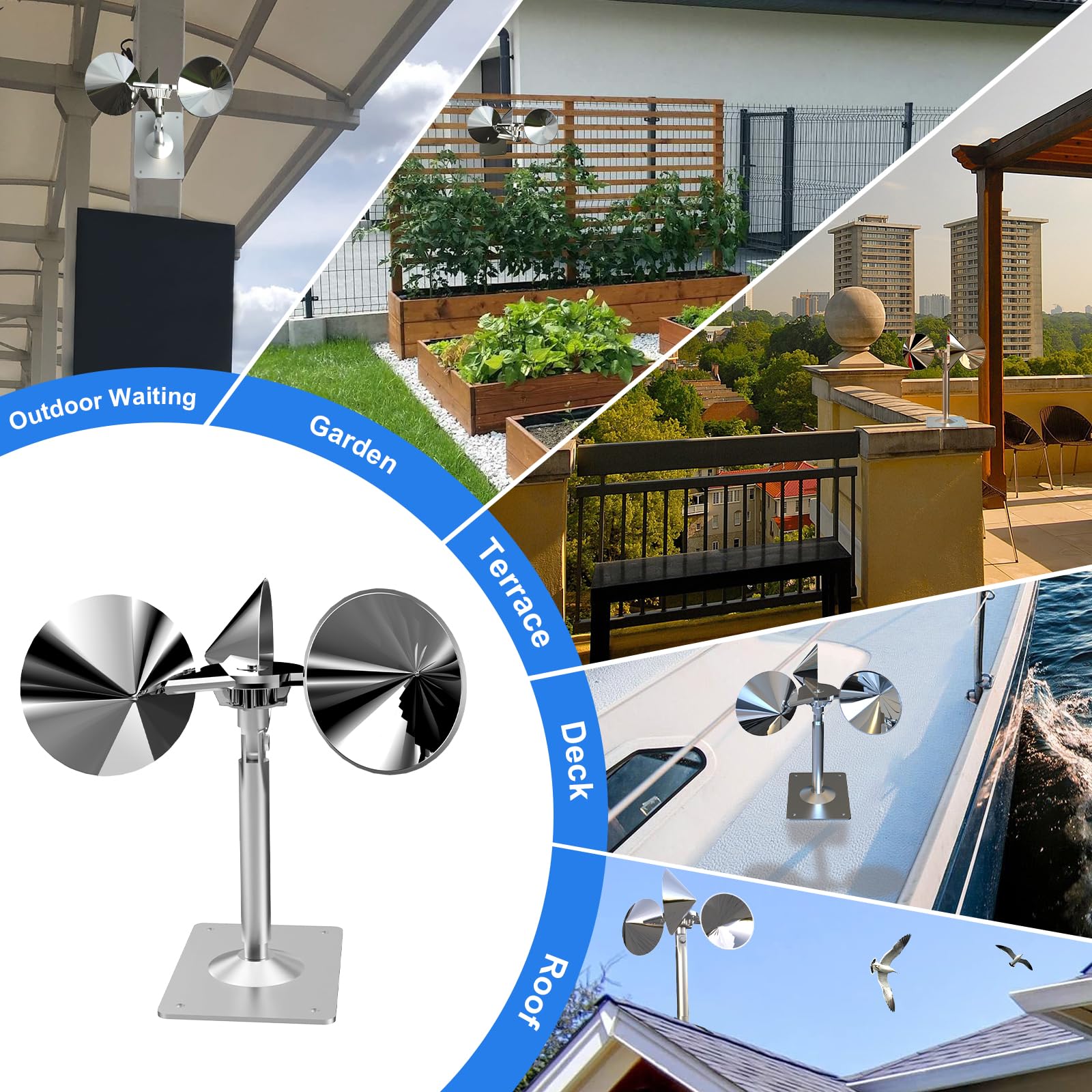 Marketty two-pack reflective devices for rooftops and gardens offer humane bird deterrence.