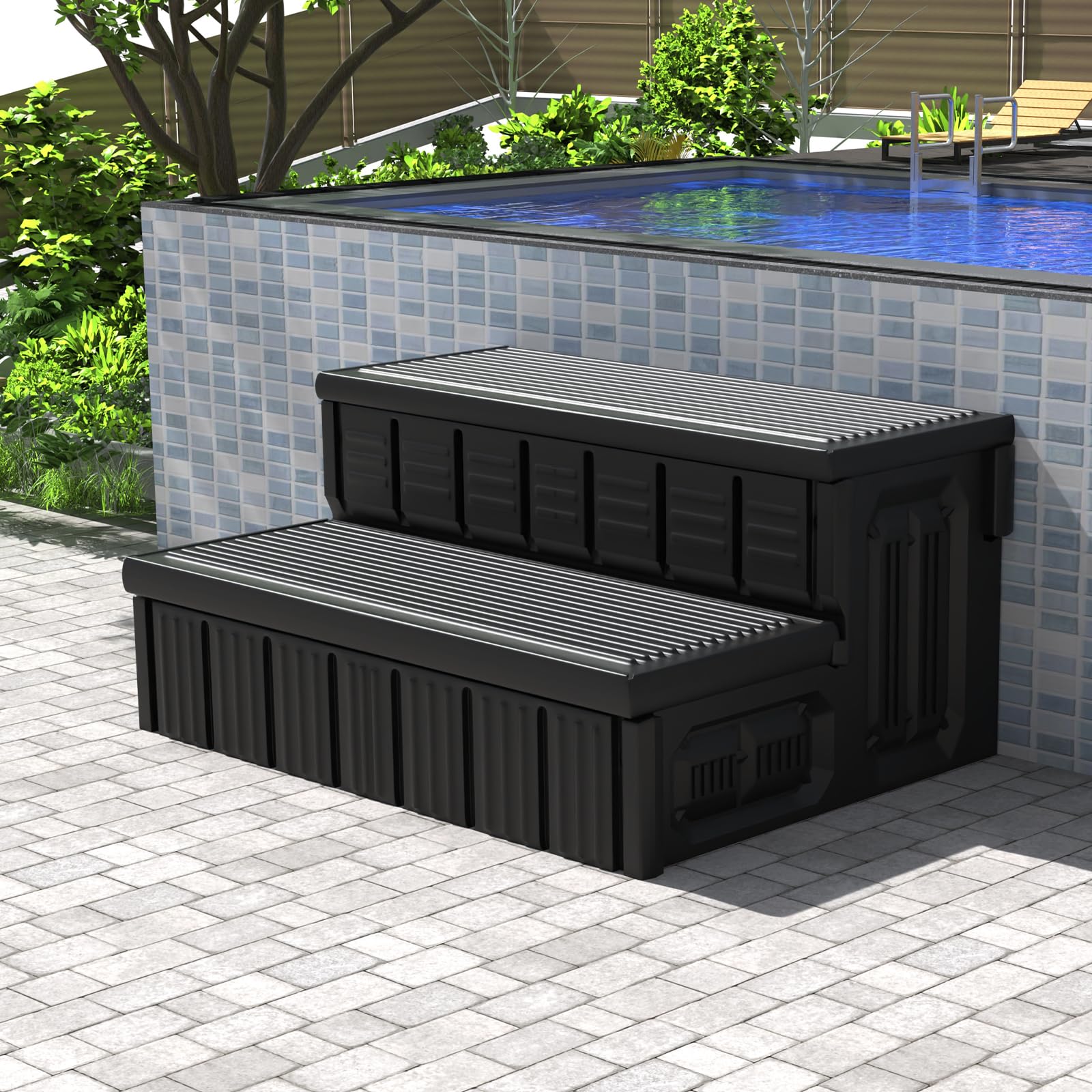 MarketTY Hot Tub Steps with storage lid provide quick access to towels and tools.