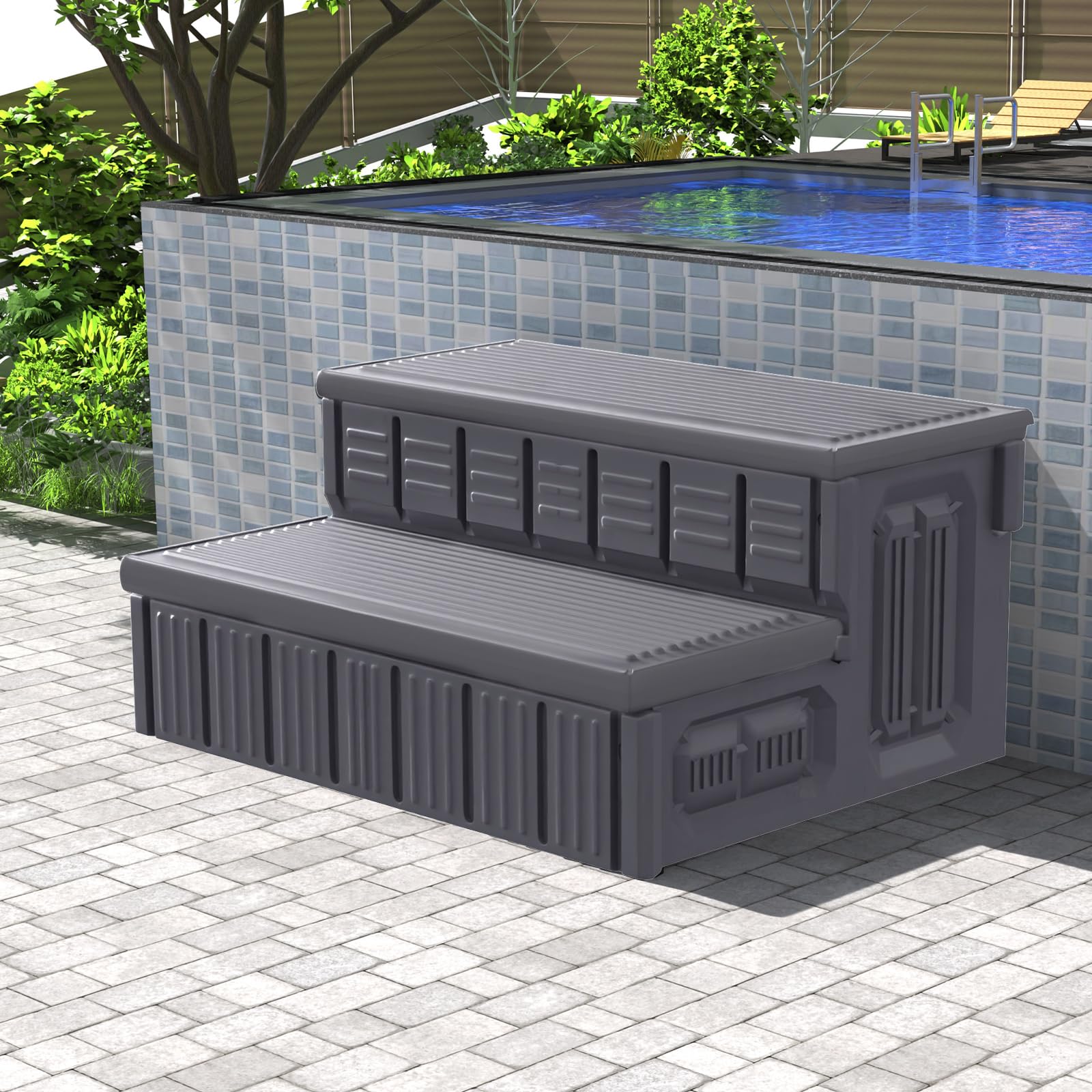 MARKETTY hot tub steps with storage lid provide convenient towel and tool organization near the spa
