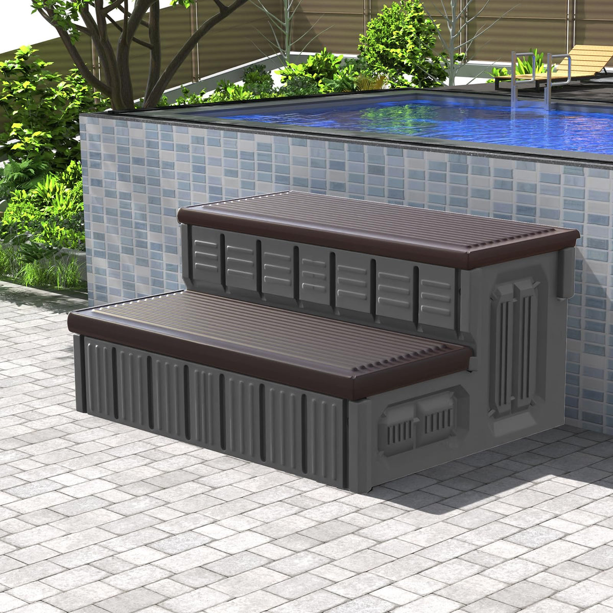 Marketty hot tub steps with storage lid for towels and tools