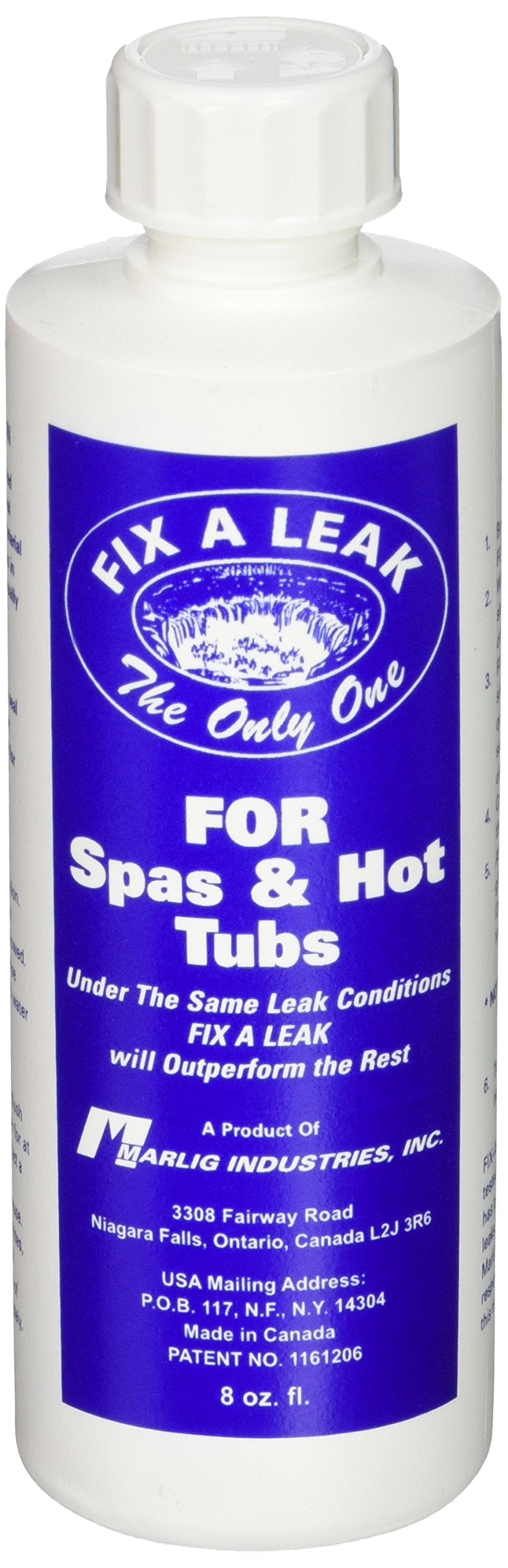 Marlig Fix-A-Leak bottle closeup for quick pool and spa leak sealing.