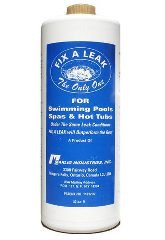 Marlig Fix-A-Leak bottle pour demonstrates simple leak sealing for pools and spas.