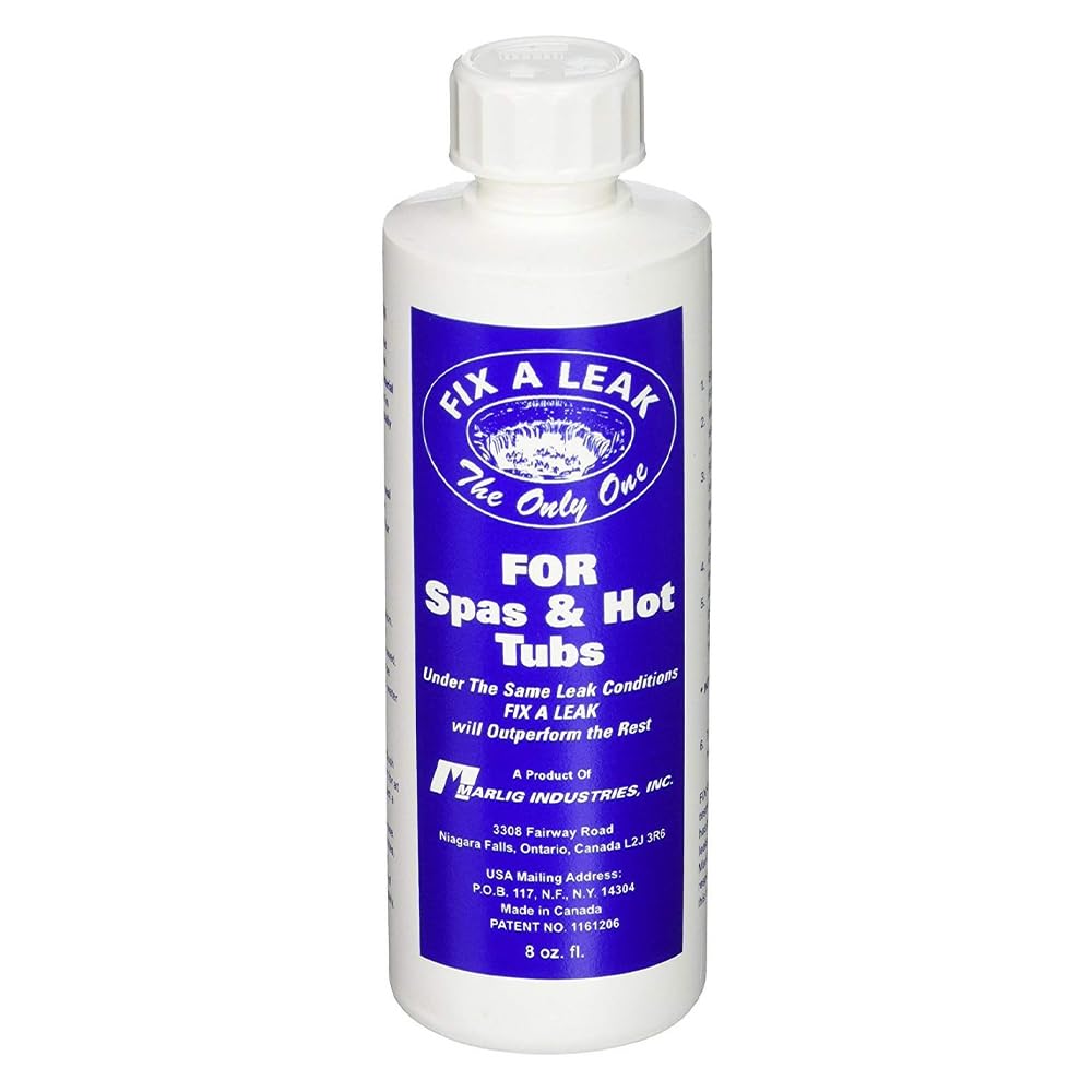 Marlig Fix A Leak Pool Sealer bottle, compact 8 oz, ideal for on-site repairs.