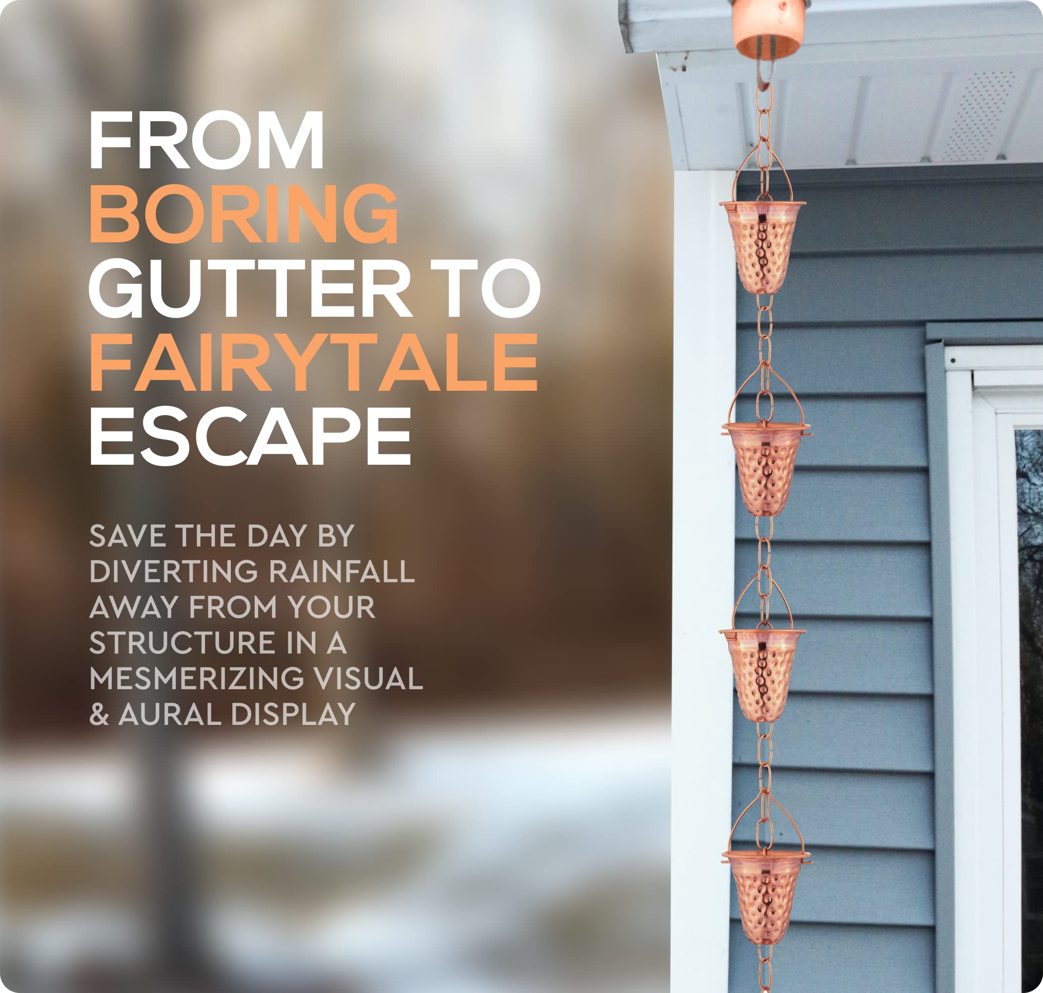 Marrgon rain chain with bell cups provides pleasant chimes and water diversion.