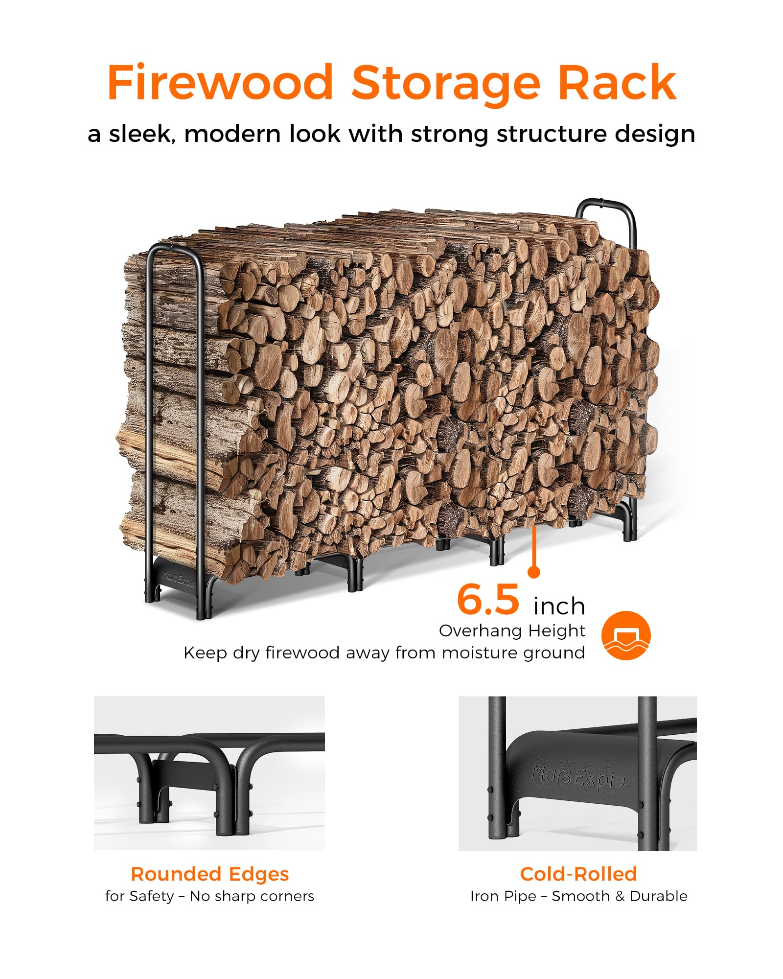 Mars Explo firewood rack 6ft top view emphasizes spacious storage for logs.