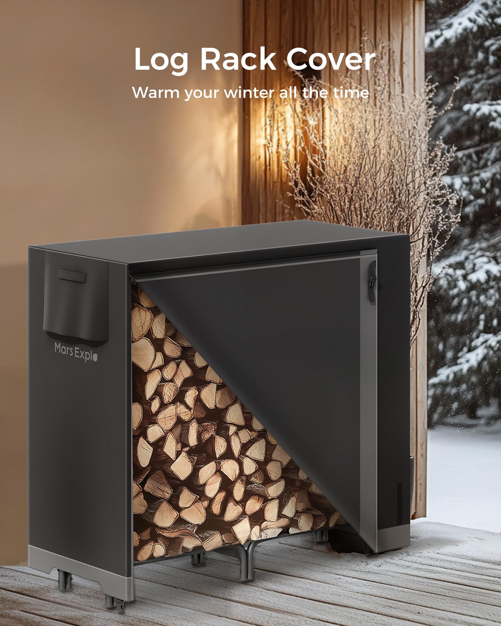 Mars Explo firewood rack dimensions 47x12x44 shown with stacked wood.