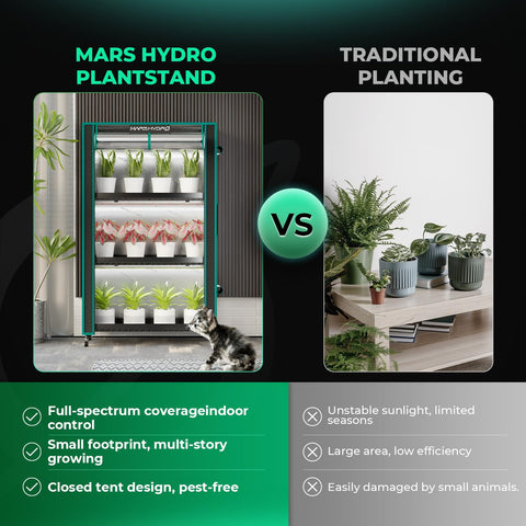 Mars Hydro 2025 four-tier stand with adjustable shelves for versatile plant organization.