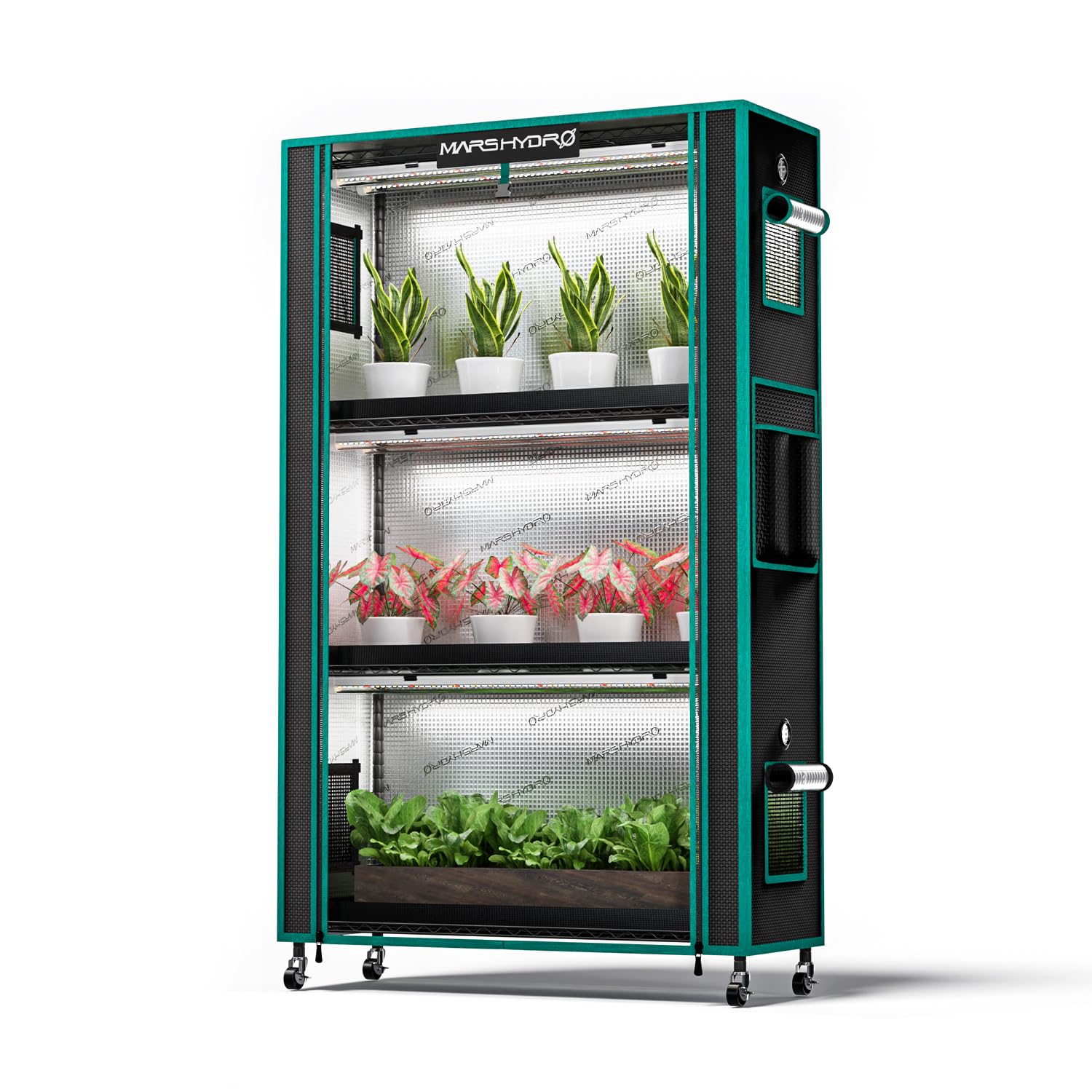 Mars Hydro 2025 plant stand with grow lights, side view for indoor plant growth.