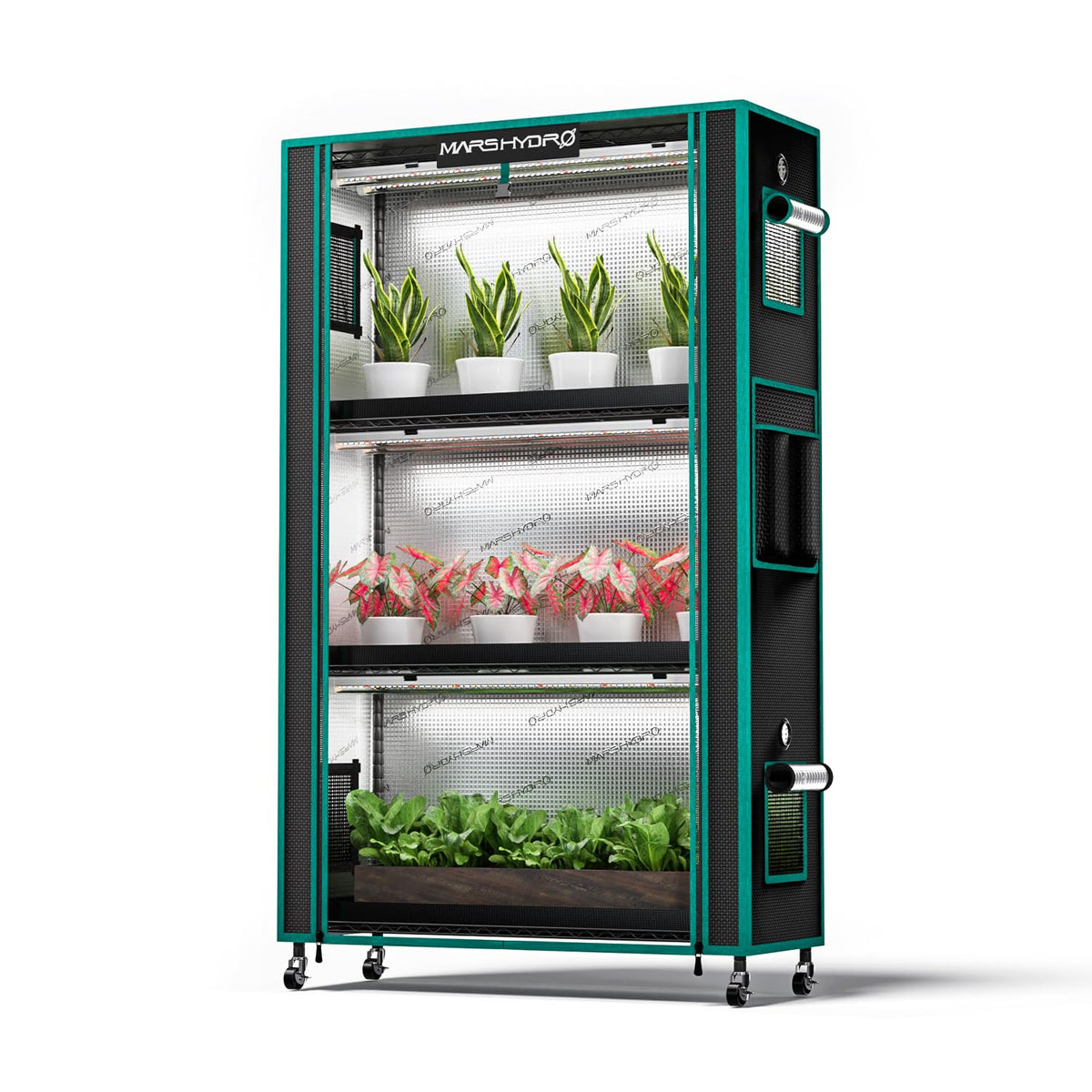 Mars Hydro 2025 plant stand with grow lights, side view for indoor plant growth.